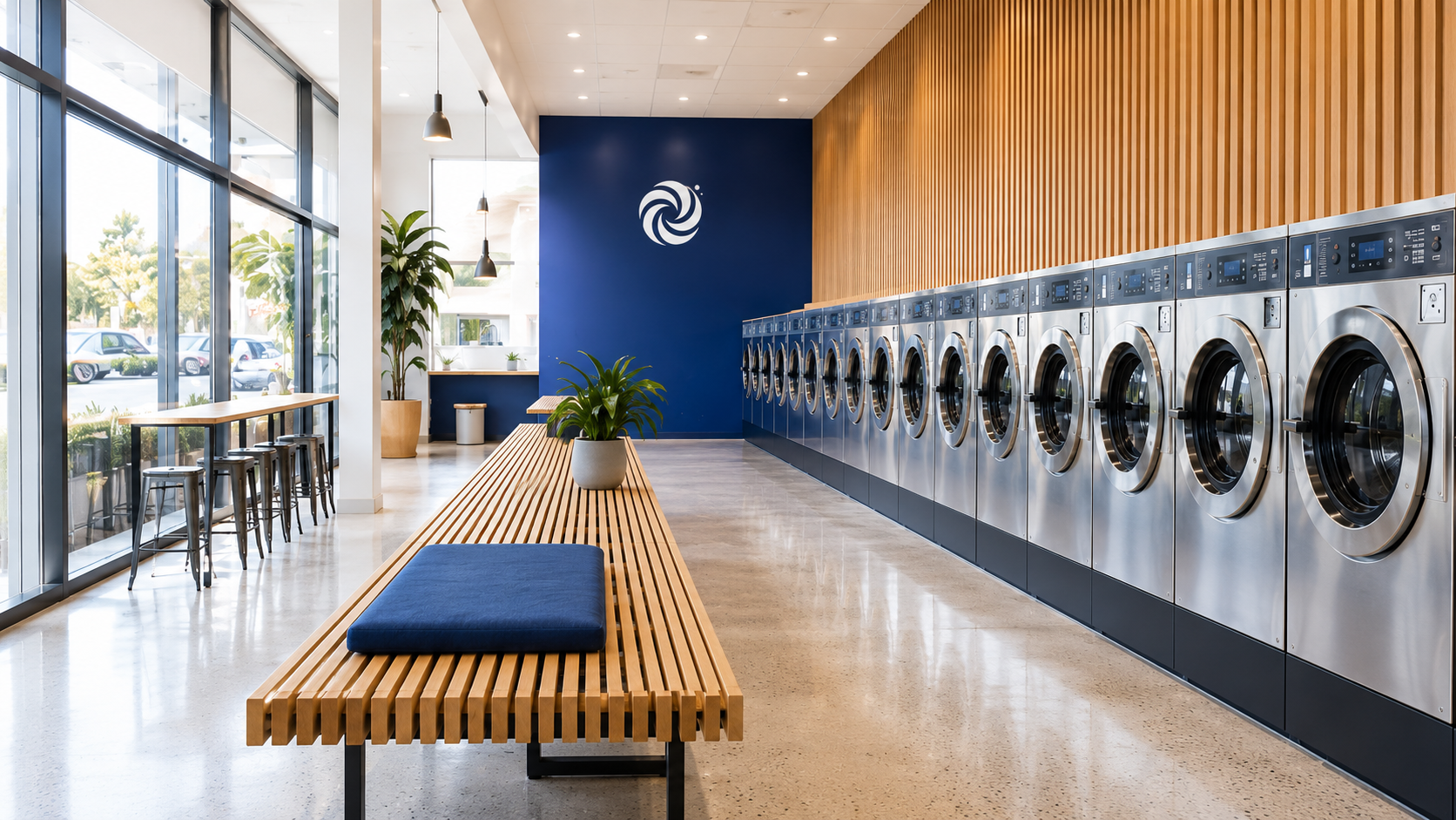 Bright, modern laundromat interior with rows of washing machines
