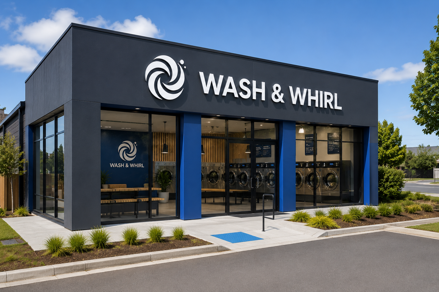 Modern Wash and Whirl laundromat storefront concept